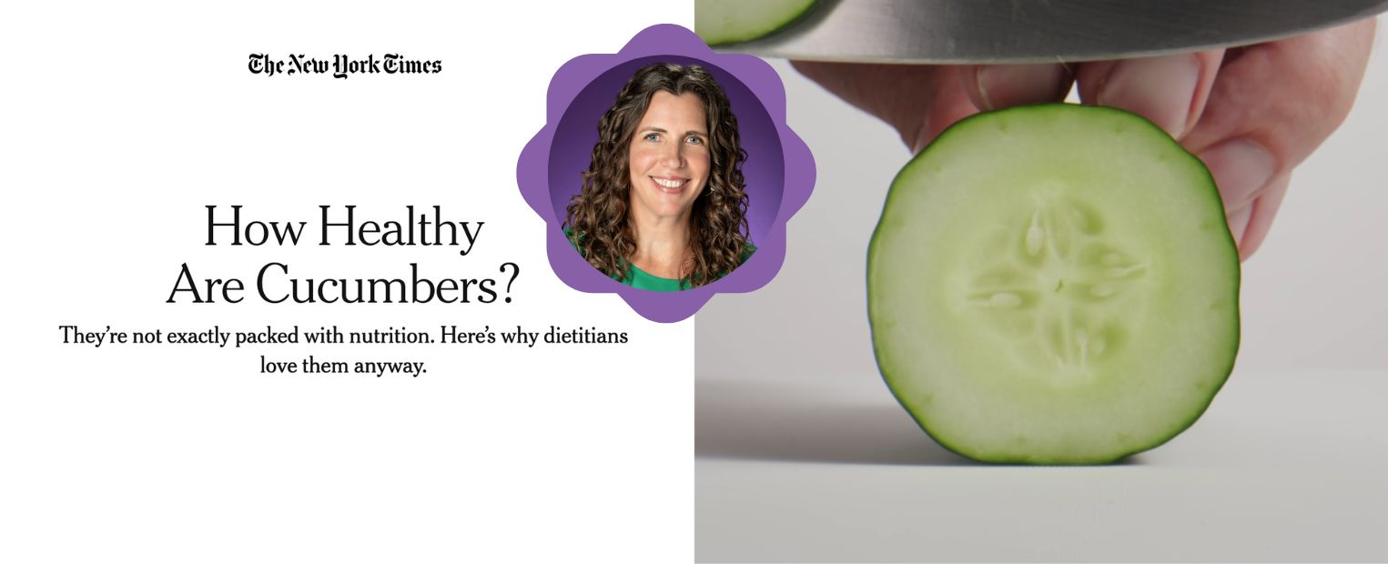 The image features a New York Times article titled "How Healthy Are Cucumbers?" with a subheading discussing nutrition and dietitians' opinions. It includes a photo of a cucumber slice on the right and a person’s portrait in a purple frame near the title.