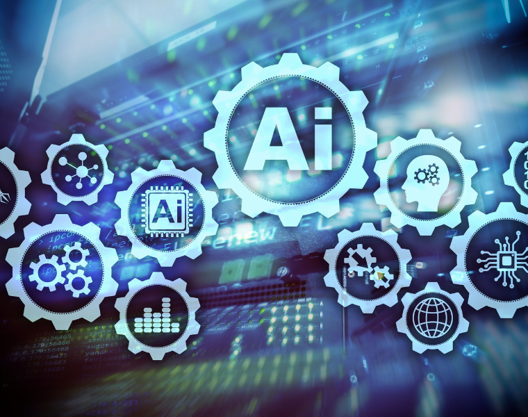 A digital collage featuring interconnected gears, each containing symbols related to artificial intelligence, such as circuits, brain icons, and robot arms. The central gear prominently displays 