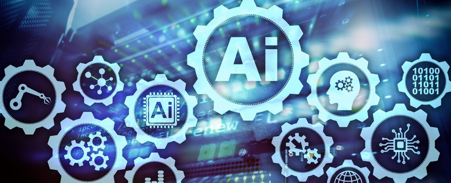 A digital collage featuring interconnected gears, each containing symbols related to artificial intelligence, such as circuits, brain icons, and robot arms. The central gear prominently displays "AI." The background has a technological theme with binary code and electronic components.