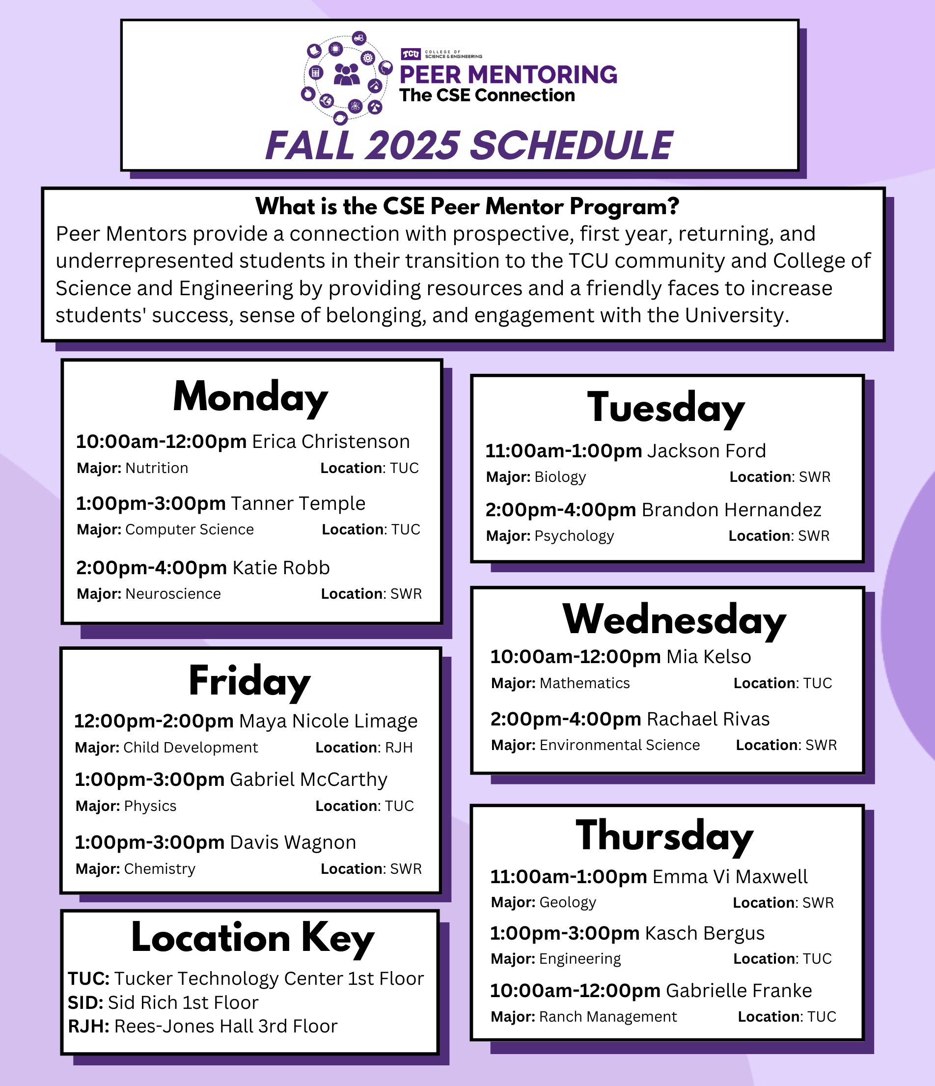 Peer Mentor Fall 2025 Schedule