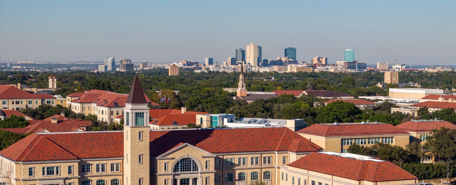 Aerial view of TCU and Fort Worth in the distance