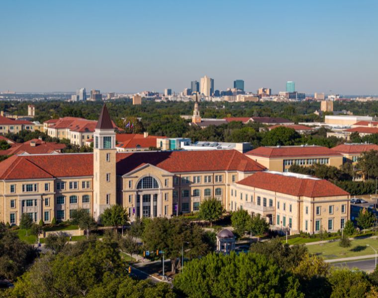 Aerial view of TCU and Fort Worth in the distance