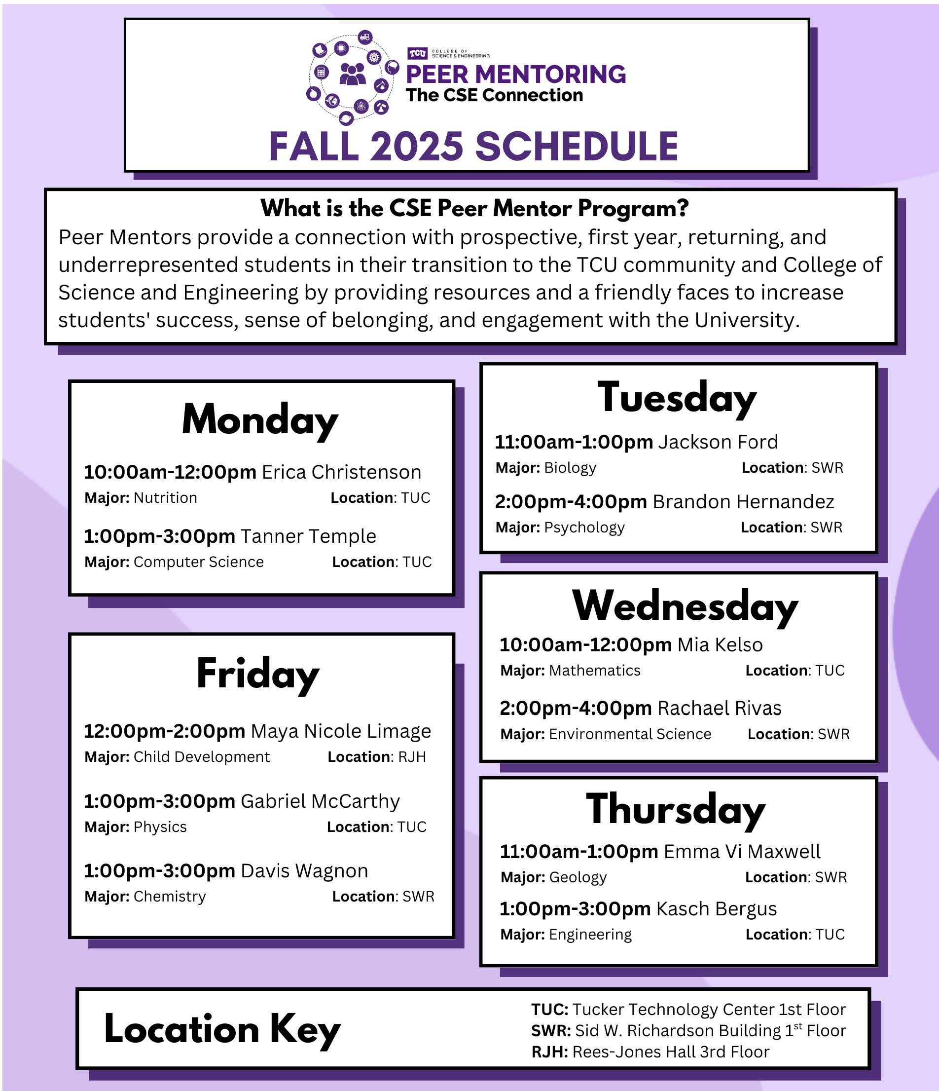Peer Mentor Fall 2025 Schedule
