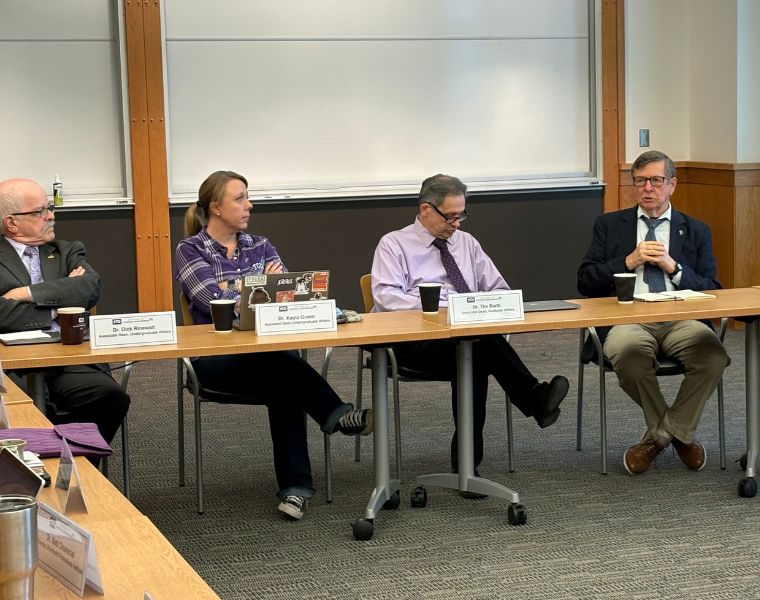 Associate Dean of Undergraduate Affairs J. Richard Rinewalt, Ph.D, Assistant Dean of Undergraduate Affairs Kayla Green, Ph.D, Associate Dean of Graduate Studies Timothy Barth, Ph.D, and Interim Dean T. Dwayne McCay, Ph.D. field questions from faculty leaders during a College of Science & Engineering Leadership Council meeting.