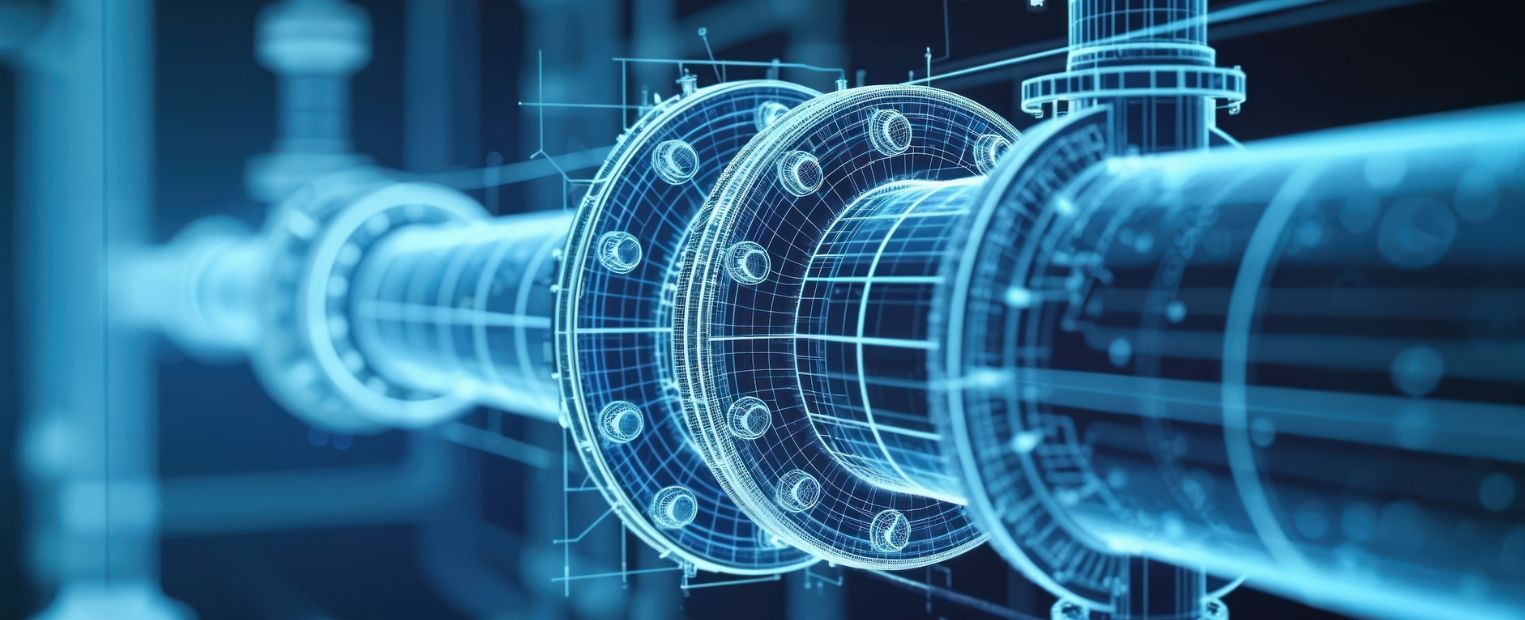 This image features a digital rendering of a complex pipeline system, showcasing interconnected pipes and flanges in a neon blue outline, giving a technological and futuristic appearance.